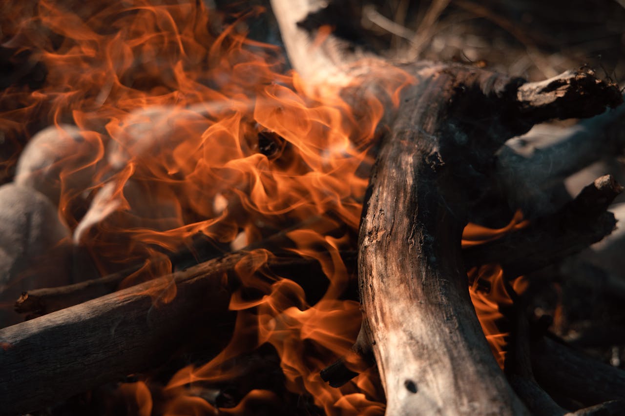 A detailed close-up photo of a vibrant campfire with orange flames dancing around wooden logs.